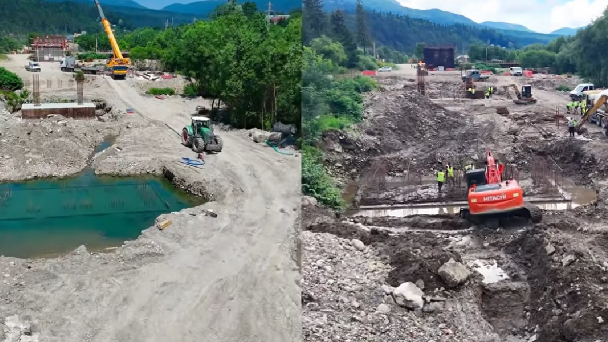 Diferențe la lucrările de la Centura Bușteni - Azuga. În stanga - poza e din 29 iunie, iar îndreapta din 24 iulie