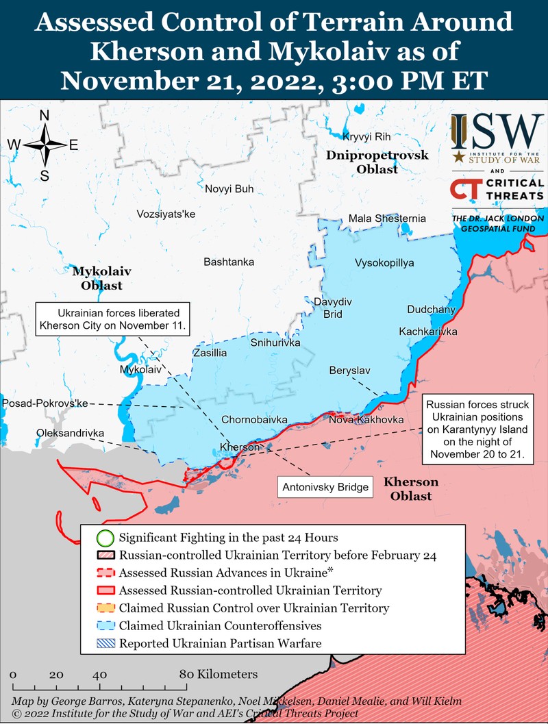 Situația în Herson: cu roșu, teritoriul controlat de Rusia, cu albastru, teritoriul recapturat de Ucraina. Sursa: ISW