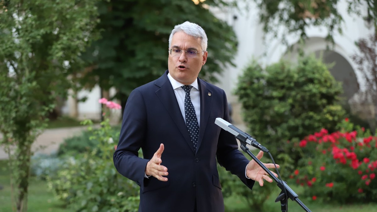 Ministrul interimar la Muncii, Dragoș Pîslaru, in gradina la Cotroceni gesticuleaza cu mainile in timpul unei declaratii d epresa
