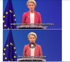 Cele două videouri publicate pe contul Ursulei von der Leyen au fost titrate în limba engleză. În primul spune că au murit 100.000 de soldați ucraineni (foto sus). După câteva ore videoul a fost republicat modificat și a dispărut referirea la numărul morților (foto jos). Foto: Captură de ecran Twitter