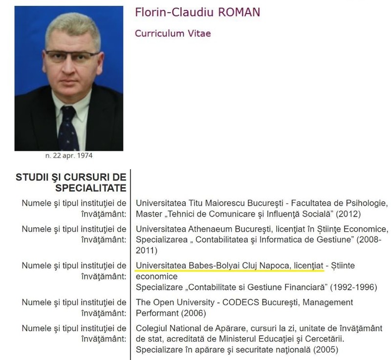 În CV-ul publicat pe site-ul Camerei Deputaților, Florian Roman a scris că a studiat la Universitatea Babeș-Bolyai Cluj-Napoca, în 1992 - 1996