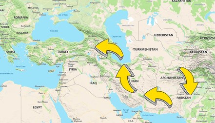 Traseul refugiaților afgani, prin Pakistan - Iran - Turcia.