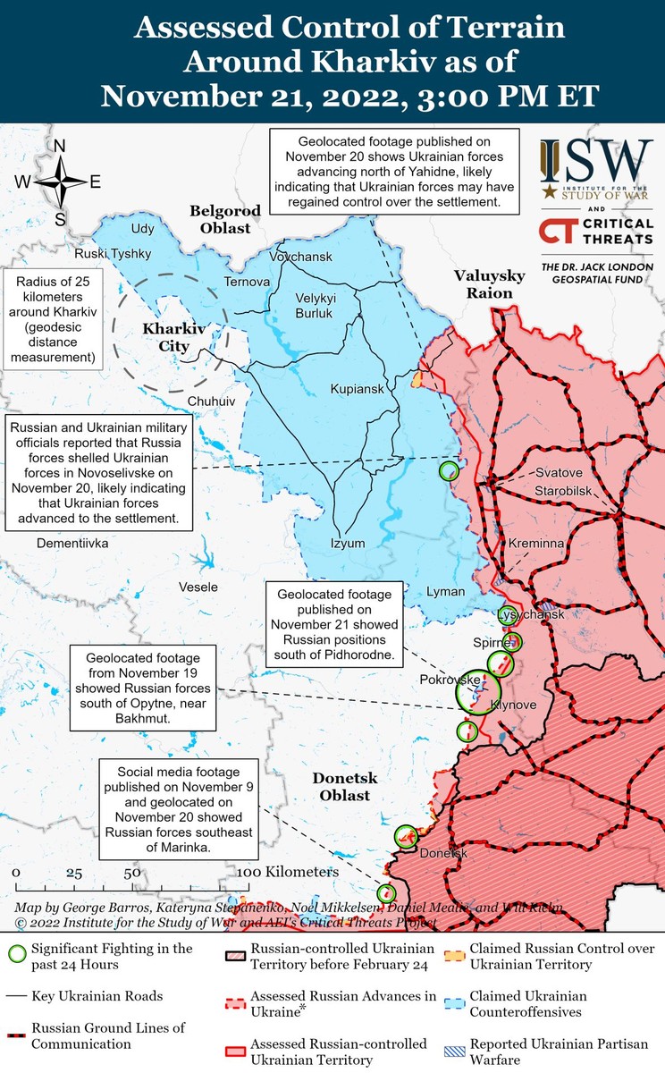 Situația în zona Harkov: cu roșu, teritoriul controlat de Rusia, cu albastru, teritoriul recapturat de Ucraina. Sursa: ISW
