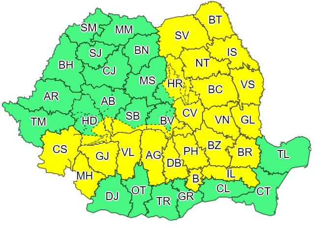 Județele vizate de codul galben de ninsori sursă foto: ANM
