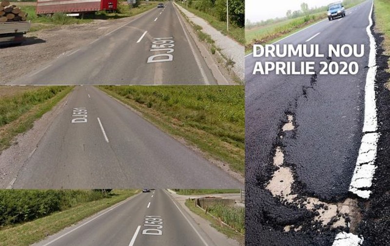 Un drum reparat în Timiș s-a surpat după doar două săptămâni. Muncitorii au turnat asfaltul direct peste suprafața veche