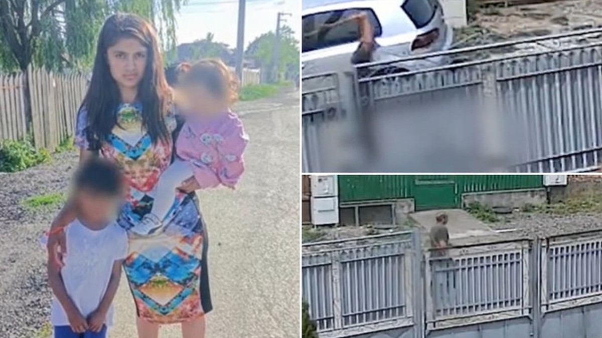 Un colaj foto, în care în partea stângă este o tânără de 22 ani în rochie colorată, cu un copil în brațe și unul în picioare lângă ea, pe un drum de țară. În dreapta sus, se vede o mână de bărbat cu un topor, gardul gri al unei gospodării și o mașină albă, iar în dreapta jos, bărbatul care trece pe un drum de țară, cu porți în ambele părți. Femeia a fost ucisă de bărbat cu un topor, în Prahova, Boldești-Scăeni, 16 iunie 2025