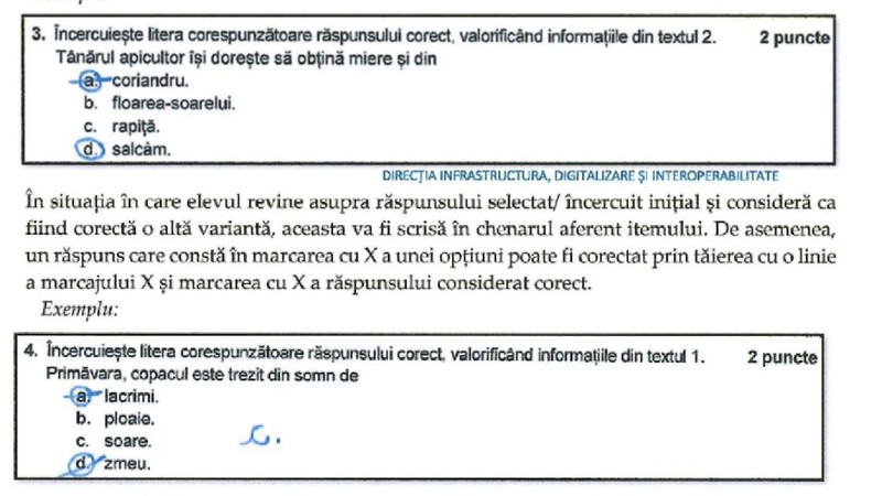 Exemplu corectare greșeală la Evaluarea Națională 2026 - Limba și Literatura Română Foto: Captură Procedură Ministerul Educației