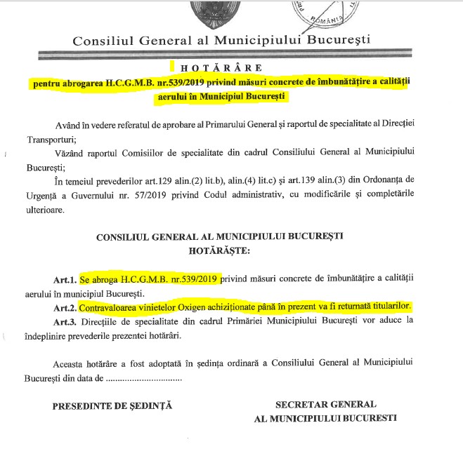 Proiectul de hotărâre privind anularea vinietei Oxigen. Foto: Alexandru Gâdiuță, consilier general USR / Facebook