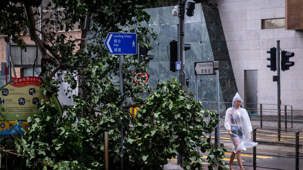 O femeie cu pelerină de ploaie trece pe lângă un copac căzut în cartierul din Hong Kong Sai Wan Ho în timpul taifunului Wipha.