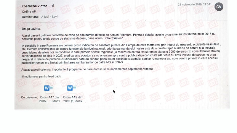 Mailul trimis de Victor Costache către Lavinia Coțofană