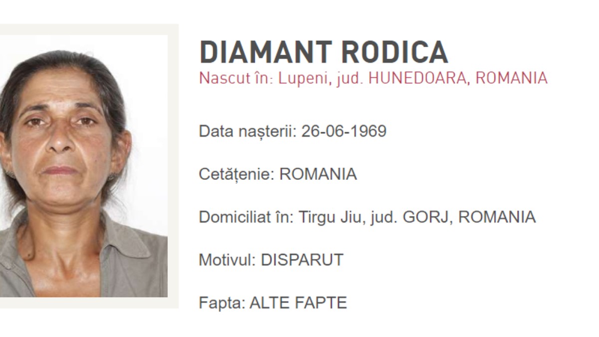Diamant Rodica, femeia din Târgu Jiu care a fost dată dispărută.