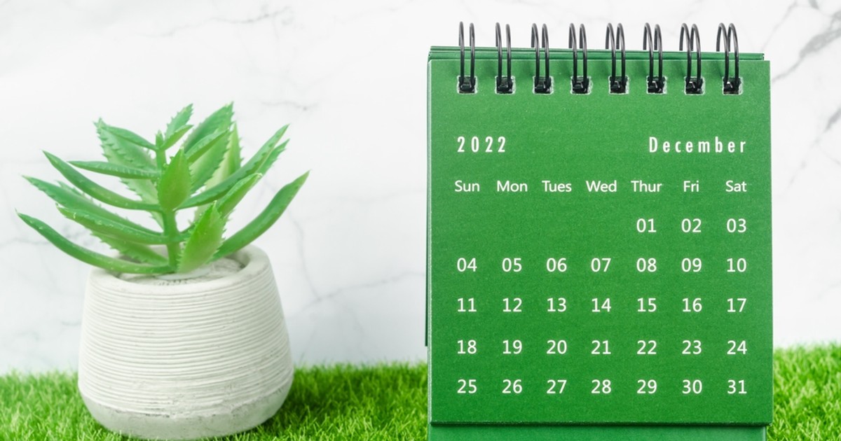 Zile libere în decembrie 2022 - Imagine cu un calendar al lunii decembrie 2022 de culoare verde