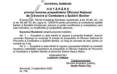 Hotărârea de numire a lui Baranga șef la combaterea spălării banilor