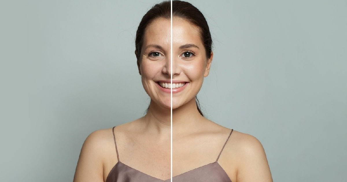 O tânără model zâmbitoare și o femeie matură. Colaj cu două fețe feminine: una bătrână și una tânără.