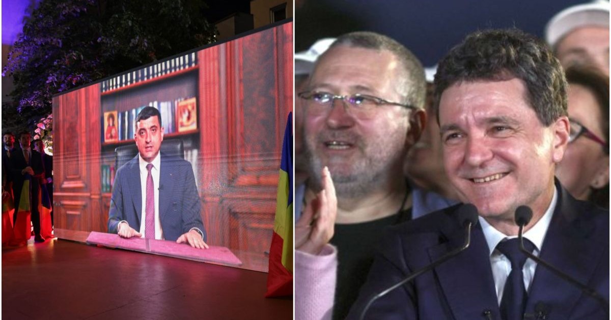 O imagine cu liderul AUR, George Simion, de la o înregistare și Nicușor Dan, vorbind live, după primele exit polluri de la alegerile prezidențiale, 4 mai 2025