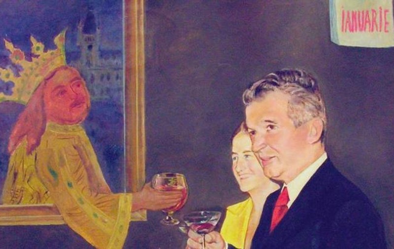 Din categoria ”tablouri omagiale” de 26 ianuarie: Nicolae şi Elena Ceauşescu ciocnesc un pahar cu Ştefan cel Mare