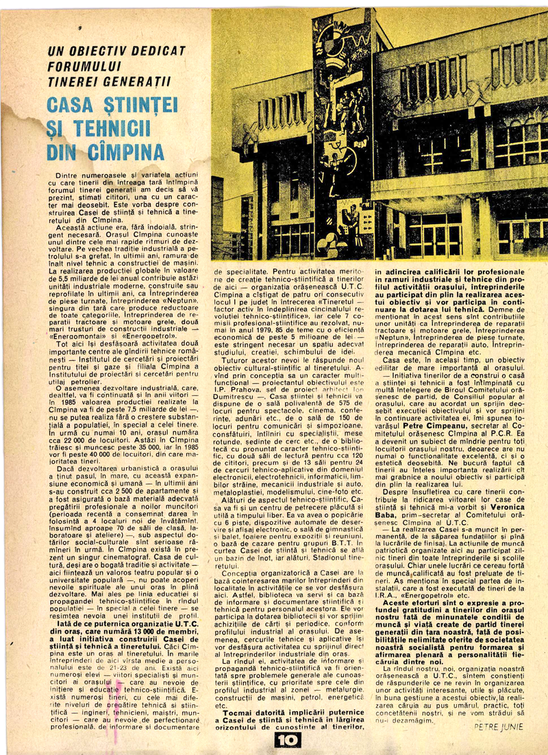 Articol dedicat construcției Casei Tineretului de la Câmpina și publicat în revista „Știință și Tehnică” ediția din aprilie 1982