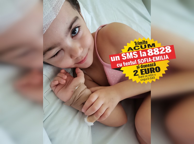 Sofia-Emilia, la scurt timp după operația în care medicii de la Spitalul Marie Curie i-au extirpat tumora de pe creier