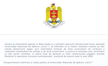 Comunicatul Universității Naționale de Apărare Carol I