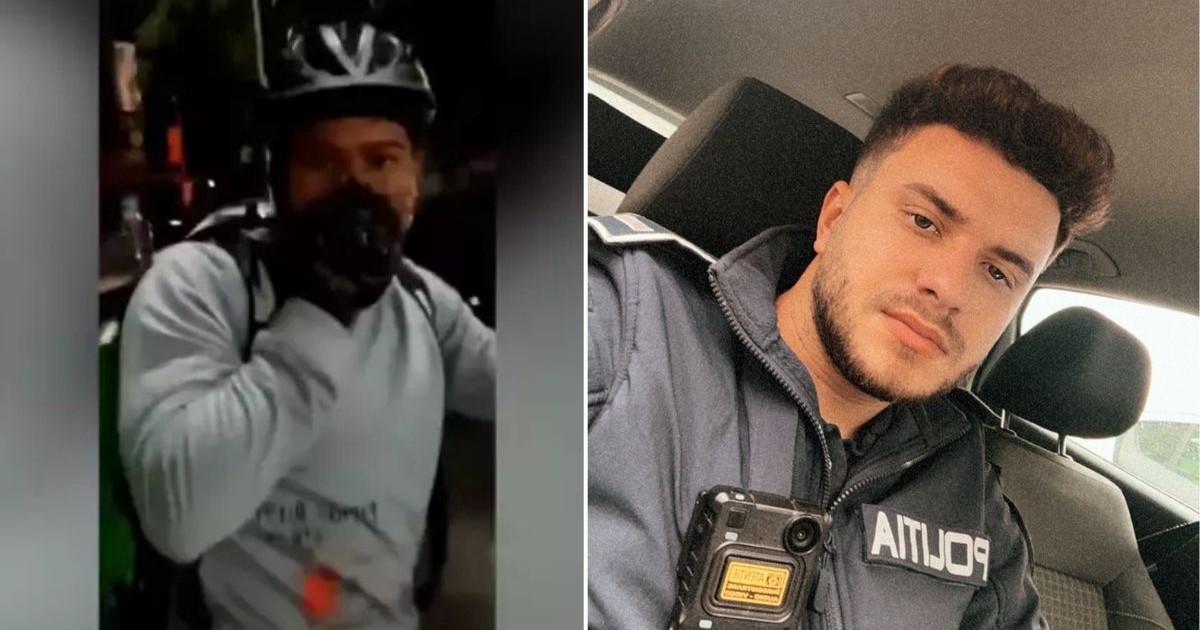 colaj foto format din două imagini: imaginea din stânga arată un livrator de mâncare nepalez, cu o cască de bicicletă pe cap, îmbrăcat într-un hanorac gri, ținându-și mâna la gură iar imaginea din drepta arată un tânăr polițist, îmbrăcat în uniformă