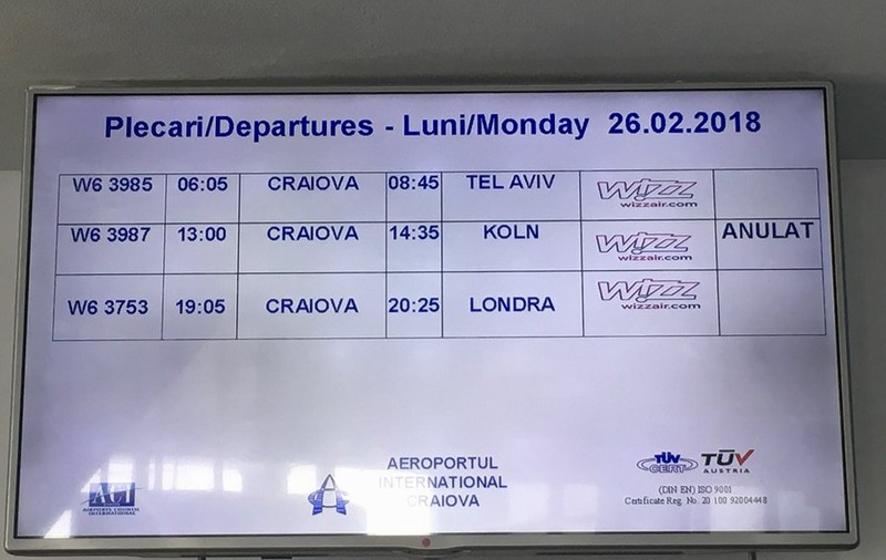 UPDATE. Cursa Wizz Air Craiova-Koln, anulată. Compania anulează încă două curse