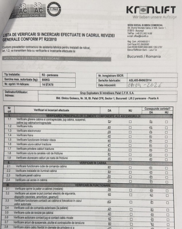 Reprezentanții firmei Kronlift care a făcut revizia susțin că liftul din Ministerul Transporturilor nu s-a prăbușit: „A depășit stația parter, se poate întâmpla să se oprească mai brusc”. ISCIR îi contrazice: „A căzut de la etajul 4”