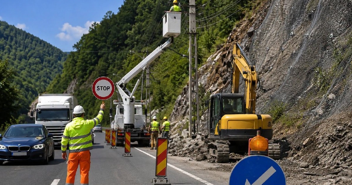 O persoană dirijează traficul pe un drum, în timp ce sunt efectuate mai multe lucrări