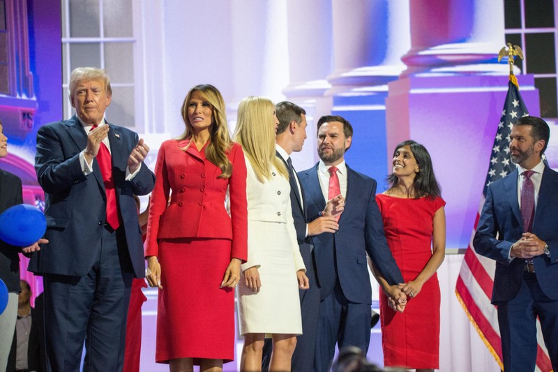 WISCONSIN, UNITED STATES - JULY 18: Former US President Donald Trump (L), his wife Melania Trump (2nd L), Trump's pick for Vice President US Sen. JD Vance (3rd R) and his wife Usha Chilukuri Vance (2nd R) attend the Republican National Convention (RNC) at the Fiserv Forum in Milwaukee, Wisconsin, United States on July 18, 2024. Former US President Donald Trump formally accepted the Republican Party’s nomination as its presidential candidate in his first speech since surviving an attempted assassination. During a campaign rally in Pennsylvania on Saturday, a lone 20-year-old gunman opened fire on Trump during the campaign rally, striking him in his right ear and critically injuring two rally goers and killing a third. Jacek Boczarski / Anadolu/ABACAPRESS.COM