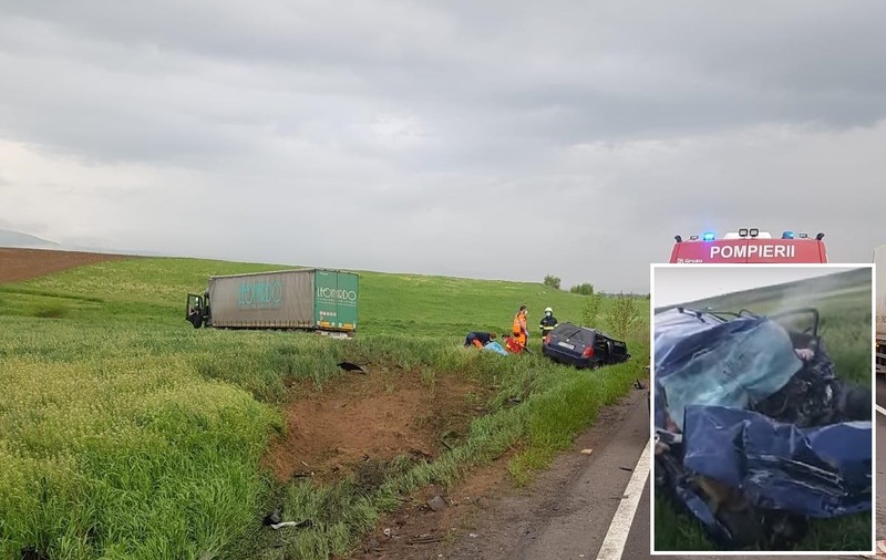 VIDEO | Patru morți în Brașov, într-o mașină distrusă în impactul cu un TIR. Camionul a ajuns pe câmp