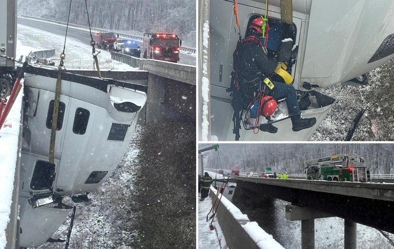 Șofer de TIR salvat din cabina căzută peste marginea unui pod și rămasă suspendată la 30 de metri înălțime