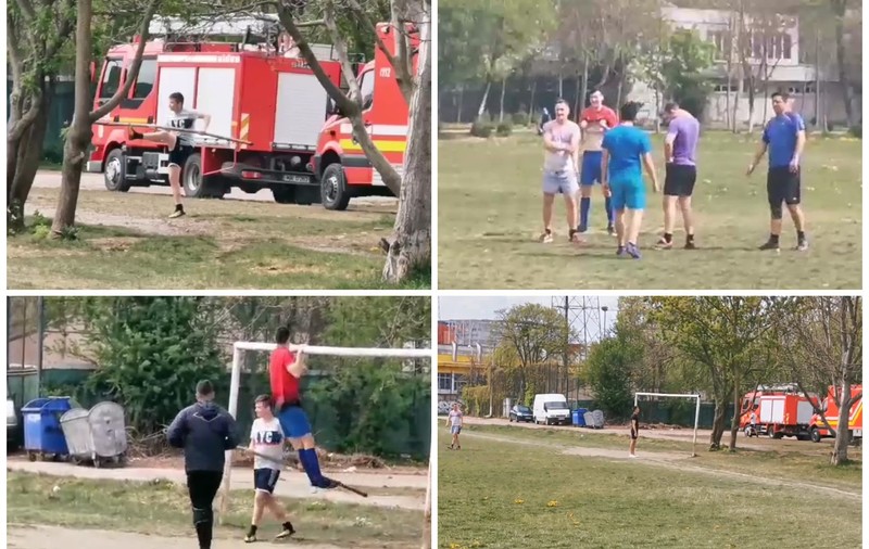 Angajații ISU Bacău au ieșit la fotbal, cu izoleta și autospeciala de descarcerare. Cum comentează instituția imaginile