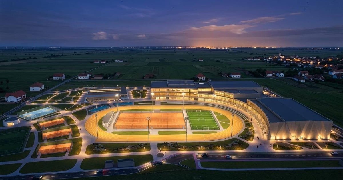 Imaginea prezintă randarea viitorului Complex Multifuncțional „Timiș 4 All”, un proiect de mari dimensiuni care va include terenuri sportive, pistă de atletism, săli dedicate mai multor discipline și spații pentru activități recreative. Ansamblul este conceput ca un centru modern pentru sport și evenimente comunitare, amplasat la limita dintre Timișoara și comuna Giroc.