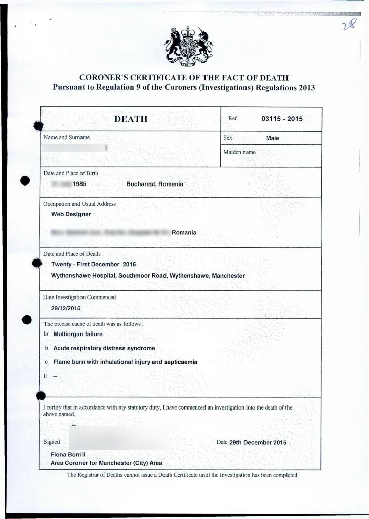 În certificatul eliberat de legiștii britanici apare septicemia printre cauzele decesului