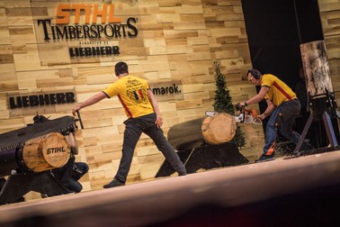 Team Romania performs during the Team qualification of the Stihl Timbersports World Championships at the Porsche-Arena in Stuttgart, Germany on November 11, 2016.