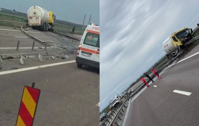 O cisternă încărcată cu GPL a blocat traficul pe A3, la Gruiu, Ilfov, după ce i-a explodat o anvelopă