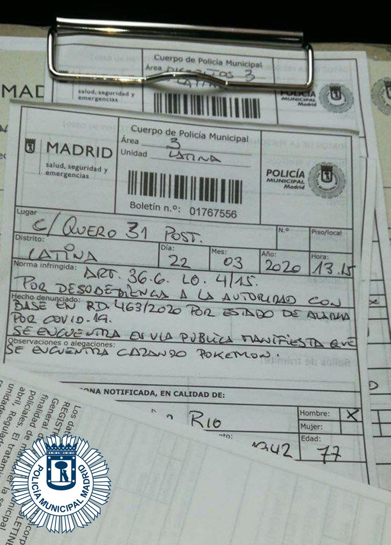 Amenda primită de spaniolul care vâna pokemoni. Foto: Policia Municipal de Madrid / Twitter