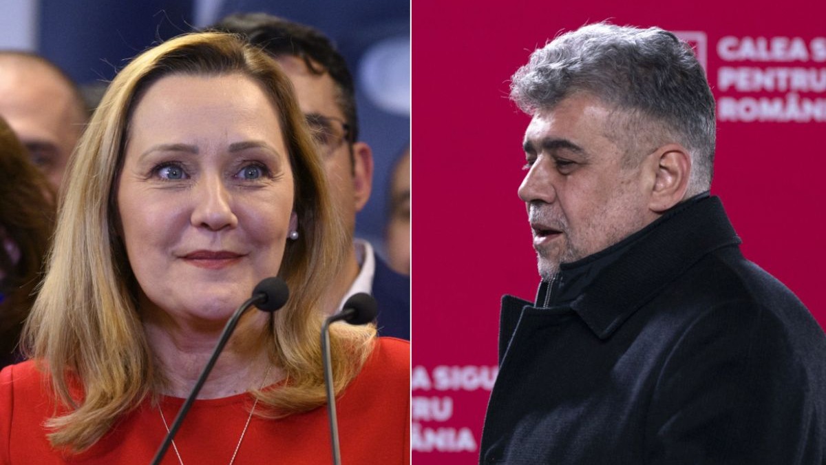 Colaj foto cu Elena Lasconi, în stânga, îmbrăcată într-o rochie roșie, și Marcel Ciolacu, în dreapta, din profil, îmbrăcat cu o haină de culoare neagră