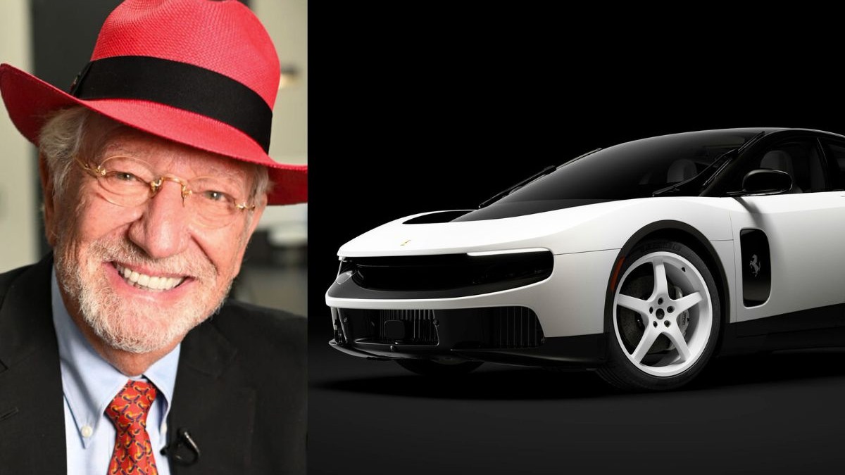 Om in carsta la costum cu palarie rosie langa un ferrari luce alb pe background negru