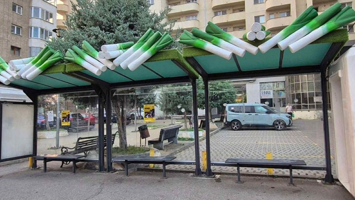 o statie de autobuz goala care are pe post de umbrar un praz
