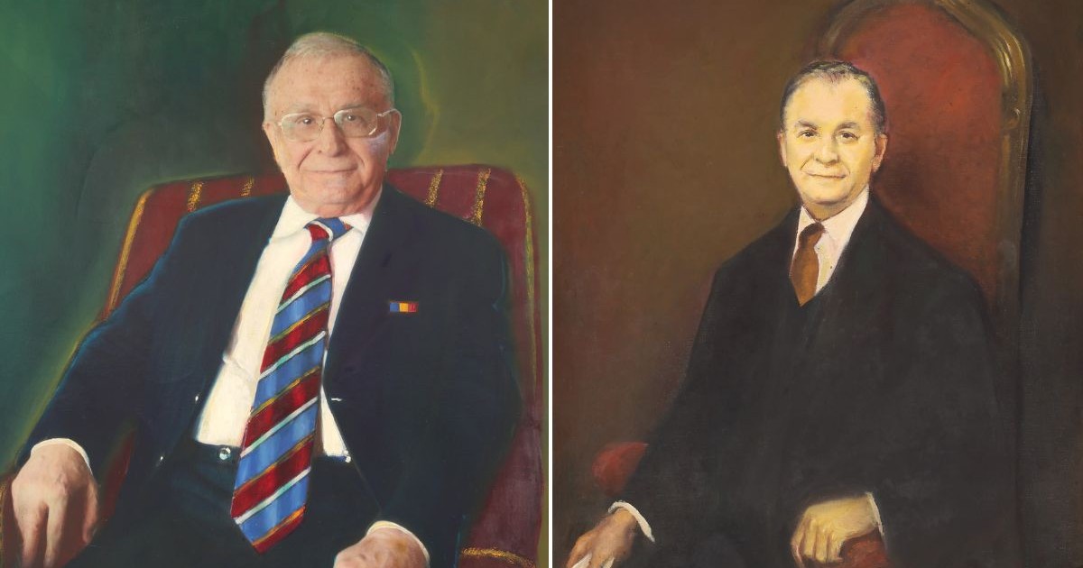 portrete cu Ion Iliescu realizate de Marian Condruz (stânga) și Dan Hatmanu (dreapta) scoase la licitație oe 20 februarie