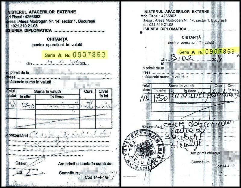 Două chitanțe emise la o distanță de câteva zile dar care au același număr