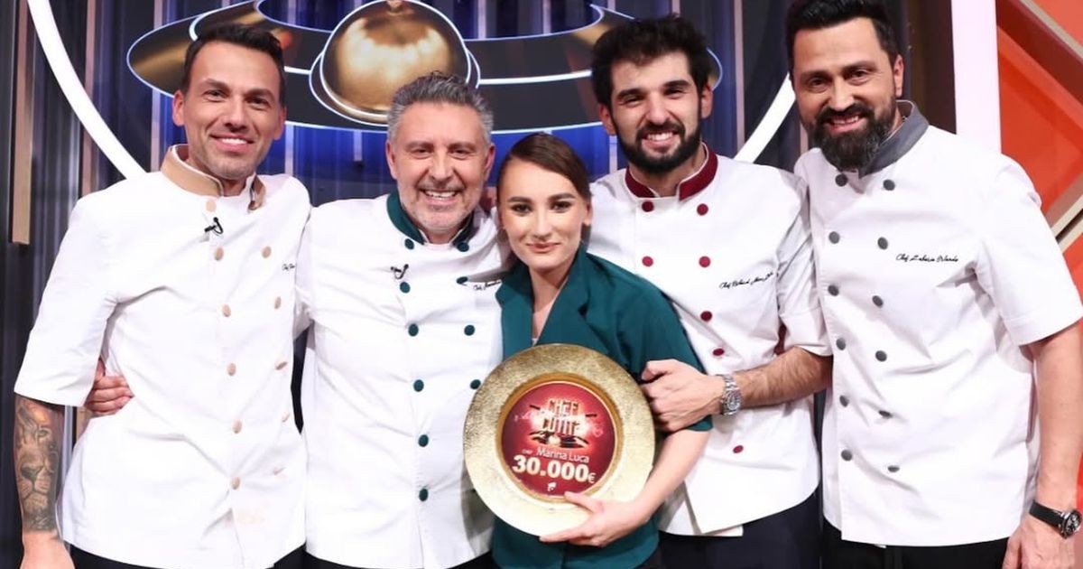 Ștefan Popescu, Alexandru Sautner, Marina Luca, Richard Abou Zaki și Orlando Zaharia după finala „Chefi la cuțite”