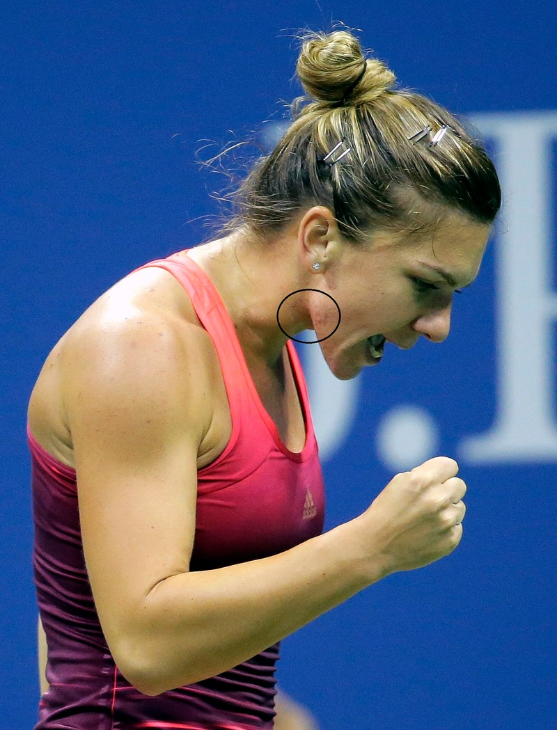 epa04915984 Simona Halep of Romania reacts just before match point in her straight set defeat of Shelby Rogers of the USA during their match on the sixth day of the 2015 US Open Tennis Championship at the USTA National Tennis Center in Flushing Meadows, New York, USA, 05 September 2015. EPA/RAY STUBBLEBINE
