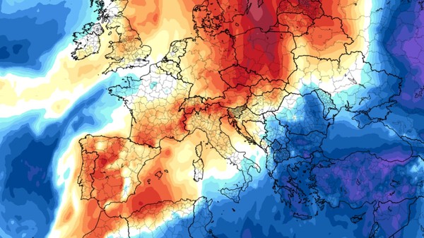 O hartă meteorologică a Europei ce indică variațiile de temperatură, evidențiind zone cu valori mai ridicate marcate cu roșu în Europa Centrală și de Vest și zone cu aer mai rece colorate în albastru în sud-estul continentului.   