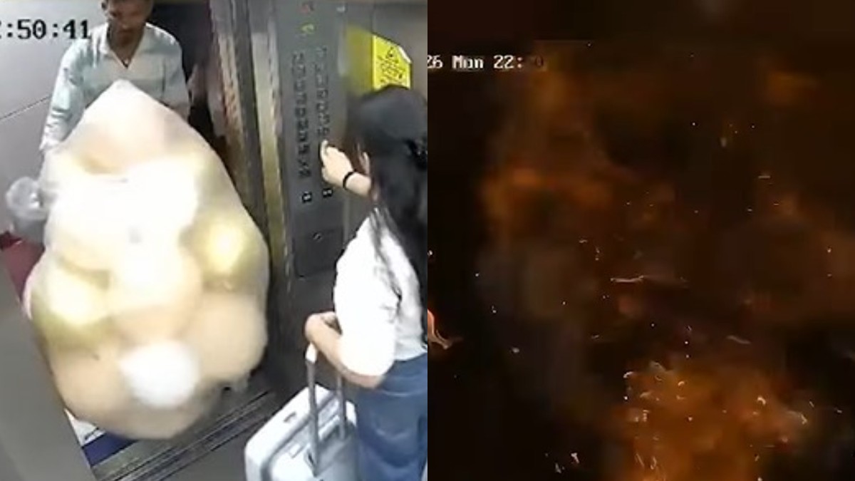 Un colaj format din două fotografii. În imaginea din dreapta se văd două persoane care pun un sac cu baloane cu hidrogen într-un lift, iar în imaginea din dreapta se vede un nor de fum, înconjurat de scântei