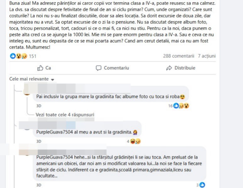 Postarea care a atras atenția pe grupul Părinților din România Foto: Captură