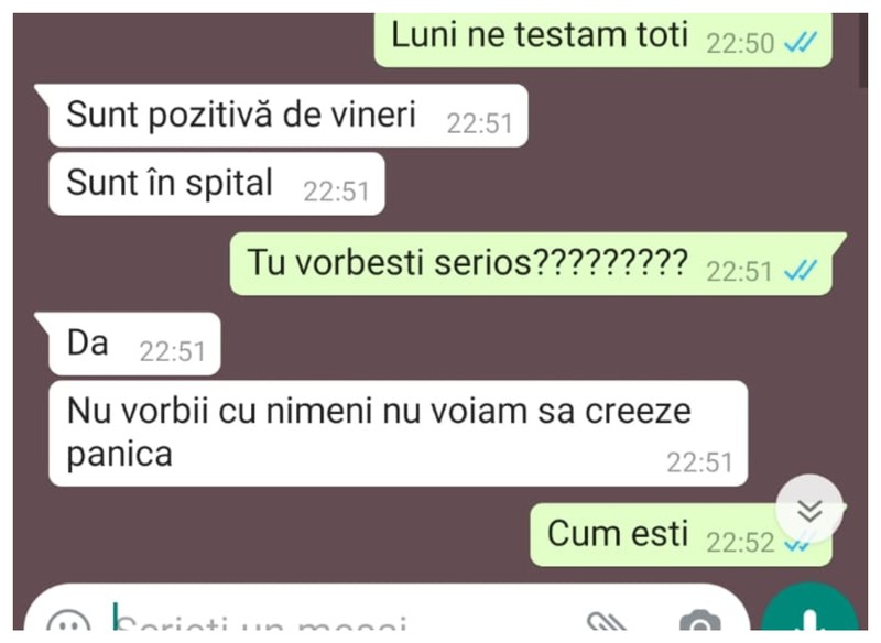 Mesajul angajatei care nu a anunțat din timp că a fost confirmată cu coronavirus. Imediat după ce a spus că este în spital a șters mesajul