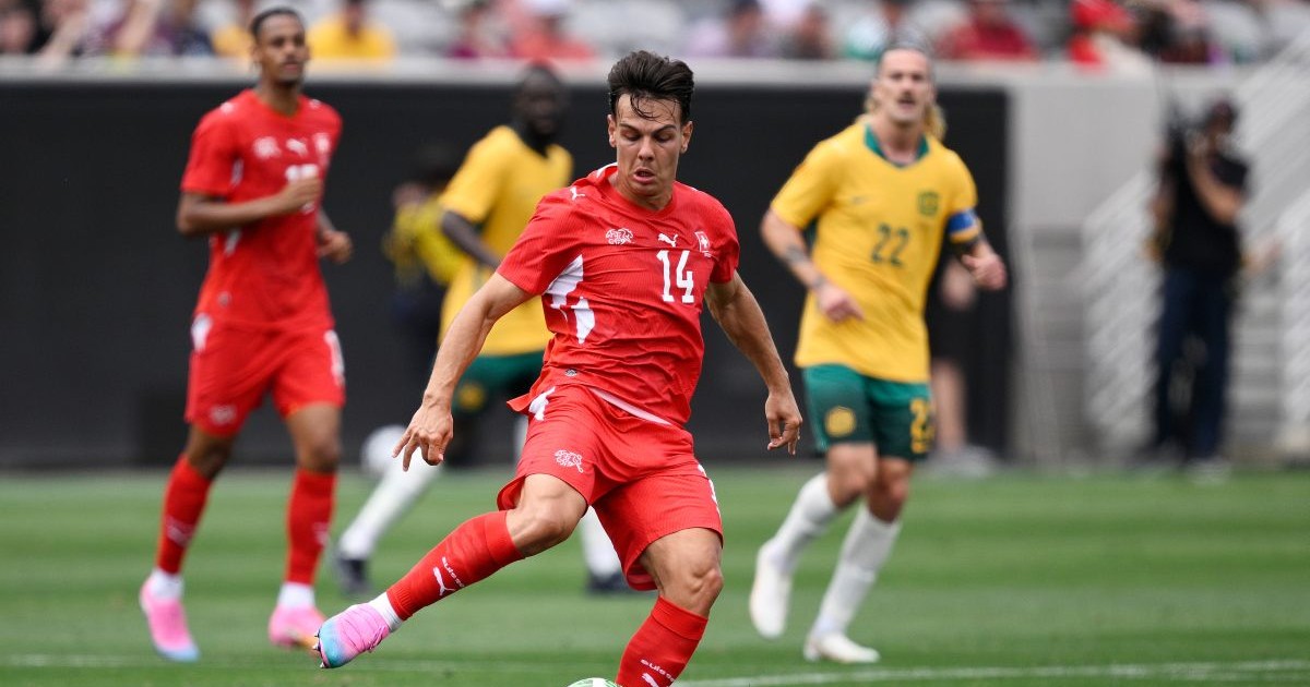 SAN DIEGO, CALIFORNIA - JUNE 06: Ardon Jashari of Switzerland kicks the ball during the international friendly match between Australia and Switzerland at Snapdragon Stadium on June 06, 2026 in San Diego, California. (Photo by Orlando Ramirez/Getty Images)
