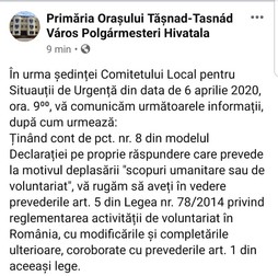 Avertismentul publicat de Primăria Tăşnad pe Facebook
