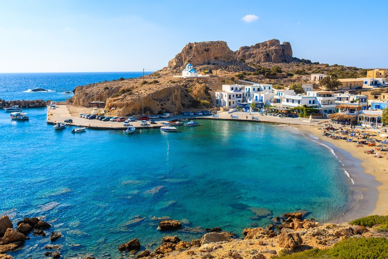 View of Finiki port and beach, Karpathos island, Greece